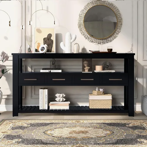 Vista 31 de Mesa consola de madera para sofá con 3 cajones y 3 cestas de almacenamiento, multifuncional de 47 pulgadas de largo, mesa de entrada, gabinete