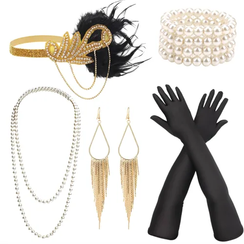 Vista 23 de DRESHOW Juego de accesorios del Gran Gatsby de los años 20 para mujer, accesorios de disfraz de flapper, diadema de plumas, juego de accesorios de 1