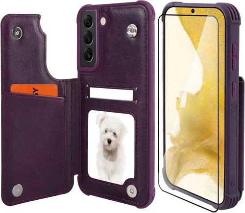 Vista 21 de VANAVAGY Funda tipo cartera compatible con Galaxy S22 con soporte para tarjetas de bloqueo RFID, piel sintética, cierre magnético, función atril