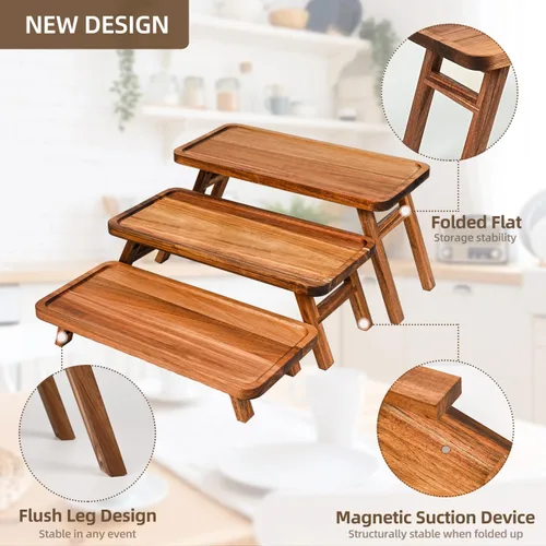 Vista 4 de GEHE Bandeja de servir de 3 niveles, bandeja escalonada de madera de acacia plegable, juego de exhibición de mesa de postre, decorada para tablas