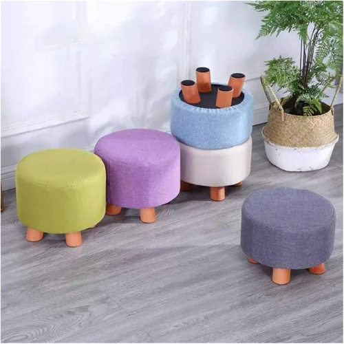Vista 5 de Zapatero de 4 patas, taburete de madera maciza, taburete redondo de tela otomana, taburete de pie para sala de estar, sofá, reposapiés, oficina Verde