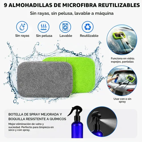 Vista 5 de XINDELL Herramienta de limpieza de parabrisas para automóvil, limpiador de ventanas con mango extensible con almohadillas de microfibra