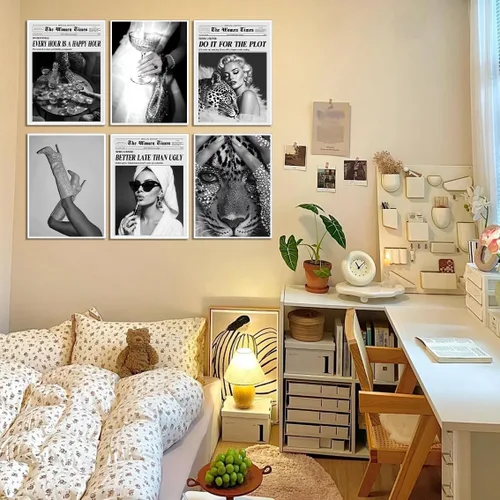 Vista 6 de Juego de 6 láminas de arte de pared feminista en blanco y negro – Impresiones elegantes estilo academia, preppy, glam, retro al estilo de periódico