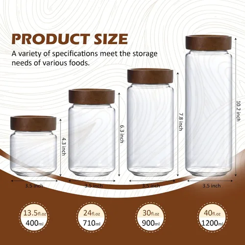 Vista 5 de Tarro de vidrio de 13.5 fl oz/400 ml con tapa de rosca de madera hermética, recipiente de almacenamiento de alimentos transparente apilable pequeño