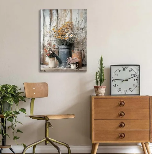 Vista 7 de Lienzo rústico con margaritas y margaritas, arte de pared, pintura campestre neutra, decoración de pared, flores, naturaleza muerta, botánica