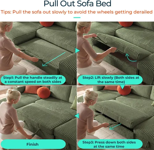 Vista 5 de LINSY HOME Sofá Seccional Cama con Sofá Cama Extraíble Convertible de Pana Suave Tipo Nube con Chaise de Almacenamiento y Carga USB, Cómodos Sofás