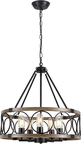 Vista 9 de Candelabro de Granja para Comedor de 5 Luces Negro Rústico de Tambor Candelabros de 20" Textura de Madera Lámpara Colgante Ajustable para Isla