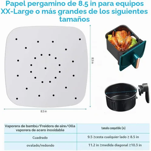 Vista 6 de 200 hojas cuadradas de papel pergamino perforado de 8.5 pulgadas, revestimiento de vapor de bambú antiadherente prémium para freidoras de aire Blanco