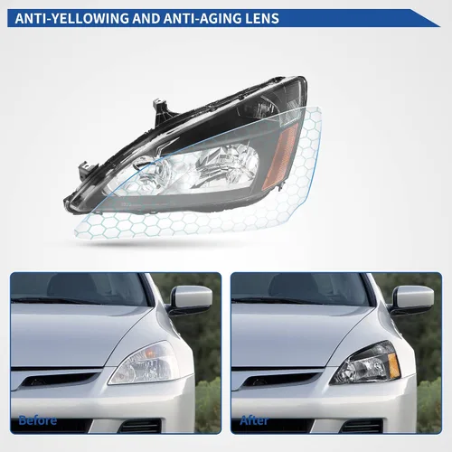 Vista 6 de oEdRo Headlight Assembly Compatible with 03 04 05 06 07 2003-2007 Accord, Headlamp with Black Housing Amber Reflector Clear Lens