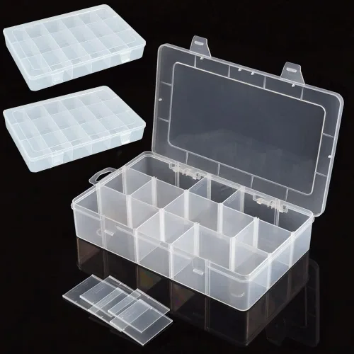 Vista 7 de Caja de almacenamiento organizadora de hilo de coser de 15 rejillas grandes, con divisores ajustables, soporte de plástico transparente
