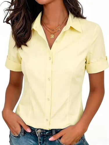 Vista 14 de siliteelon Camisas de vestir de manga corta con botones para mujer, camisas de algodón con botones para mujer, blusa ajustada de manga 3/4 Beige