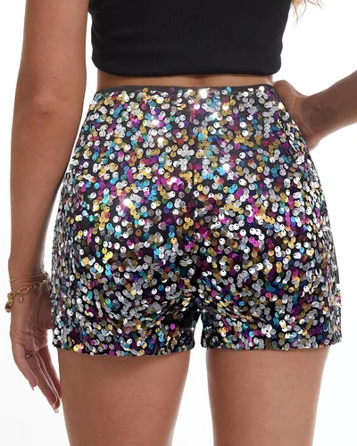 Vista 2 de Pantalones cortos de lentejuelas para mujer, acampanados, cintura alta, elásticos, brillantes, para salir a la noche, para club, fiesta