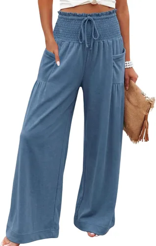 Vista 11 de Athlisan Pantalones palazzo holgados de pierna ancha para mujer, estilo casual, bohemio, fruncido, cintura alta, pantalones de descanso, playa