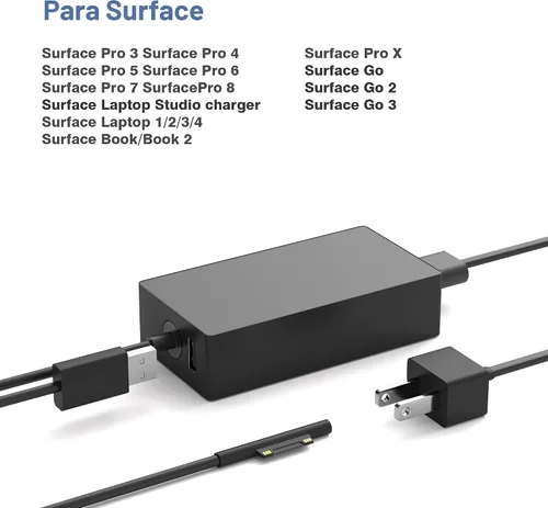 Vista 3 de Cargador Surface Pro de 65 W compatible con Microsoft Surface Laptop 2 3, Surface Pro X 11 10 9 8 7 6 5 4 3, Surface Go 2 Go 3, Surface Book 1 2