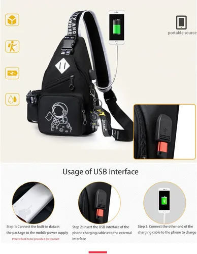 Vista 5 de Mochila bandolera para hombre, moda de anime, bolso de un solo hombro, mochila con patrón luminoso de dibujos animados, Marte (Mars), Bolso de hombro