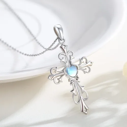 Vista 2 de Collar de cruz para mujer de plata de ley 925 con colgante de cruz con piedra lunapiedra natal, collar de cruz irlandesa, regalo para mujer