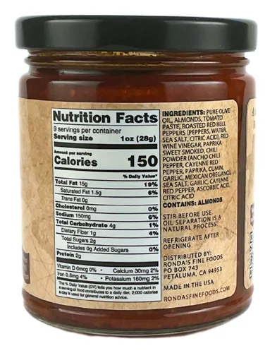 Vista 2 de Spicy Romesco by Ronda's Fine Foods Sumerge, salsa, untar Tarro de 9.0 onzas Gourmet, lote pequeño Almendras, aceite de oliva puro