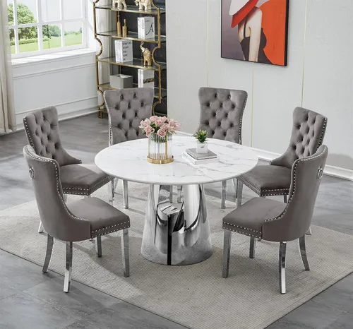 Vista 13 de SSLine Mesa de comedor redonda de mármol sintético blanco para 4-6, mesa de Mesa de oro blanco