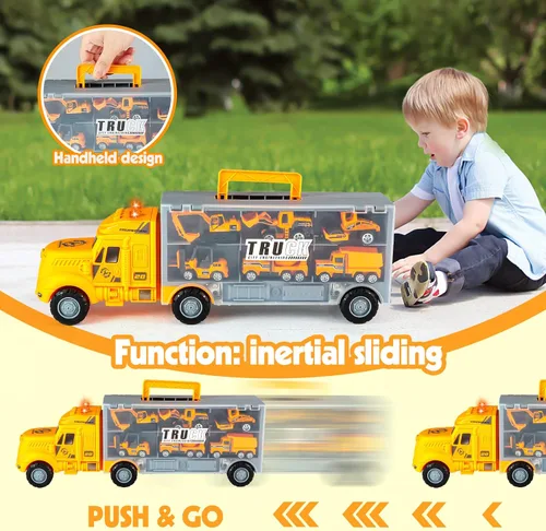 Vista 6 de Juego de juguetes de construcción amarillos 18 en 1 con alfombra de juego, camión transportador de automóvil de juguete para niños de 3 años, camión