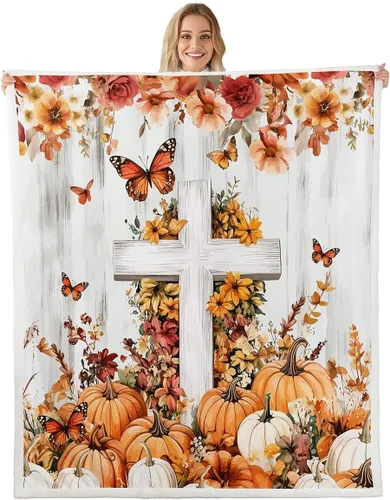 Vista 22 de Fall Scarecrow Throw Blanket,Retro Autumn Pumpinks Squirrel Bed Plush Blanket for Living Room Decor,Rustic Farmhouse Sunflowers Couch Bed Sofa Soft