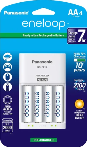 Vista 2 de Panasonic Eneloop - Cargador de batería con 4 baterías recargables NiMH AA Eneloop y 4 baterías NiMh AA 1.2V recargables