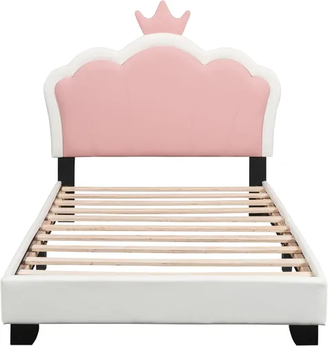 Vista 5 de Cama de plataforma tapizada de tamaño individual, marco de cama de plataforma de madera con cabecera en forma de corona, elementos de dibujos