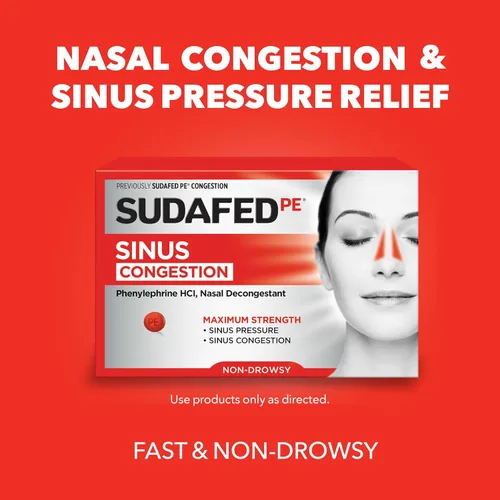 Vista 2 de Sudafed Tabletas de alivio de la congestión sinusal de PE, máxima fuerza, sin somnolencia, 10 mg de fenilefrina HCI descongestionante para presión