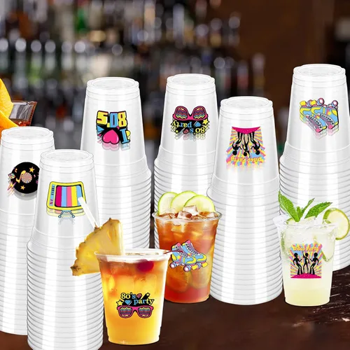 Vista 4 de 100 vasos de plástico desechables para fiestas de los 80 de 12 onzas de regreso a los 80, vasos transparentes desechables para discoteca de los 80