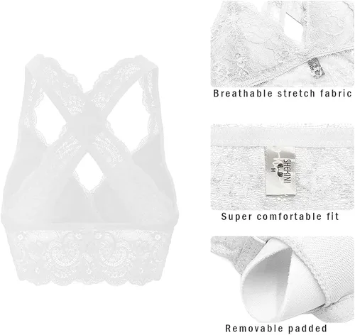 Vista 5 de SHEKINI Womens Lace Bra Wire Free Padded Cross-Back Longline Pullover Racerback Bralette Top