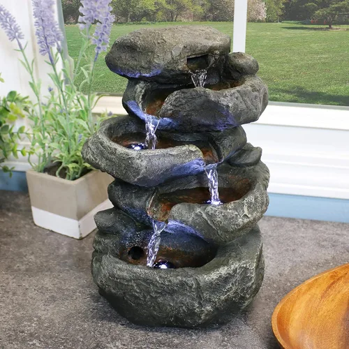 Vista 2 de sunnydaze Stacked Rocas mesa Fuente de agua con luces LED, 10.5 inch Rock Water Fountain with Calm Sounds for Meditation, Indoor Desk Water