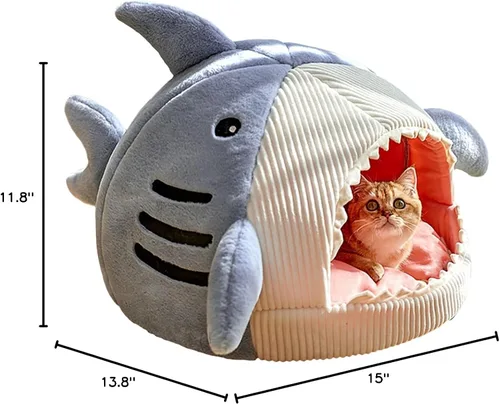 Vista 7 de QWINEE Cama para Gatos en Forma de Tiburón, Cama para Gatitos, Casa de Escondite, Cálida, Suave, Cómoda, Semicerrada, Azul, Tamaño S