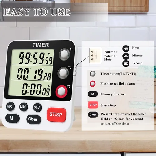 Vista 4 de QINFIEY Temporizador digital de cocina de 3 canales múltiples con cronómetro grande de cuenta LCD hacia arriba y apagado temporizador para enseñar