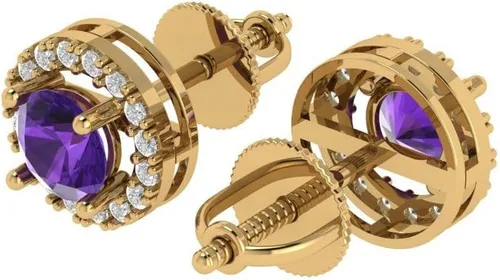 Vista 2 de Aretes de 1,5 quilates con halo de corte redondo y amatista púrpura natural, unisex, diseño solitario con rosca trasera, oro amarillo sólido de 14