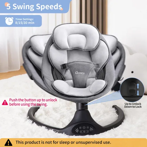 Vista 2 de LAREX Columpio de bebé eléctrico portátil para recién nacidos, niños pequeños, 5 velocidades de balanceo con control remoto, 10 melodías Negro