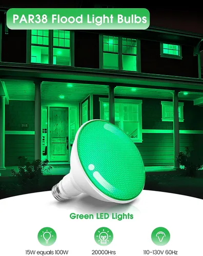 Vista 2 de Fulighture Paquete de 2 bombillas de inundación verdes, PAR38 de 15 W (equivalente a 100 W) E26, bombillas LED verdes de inundación para exteriores