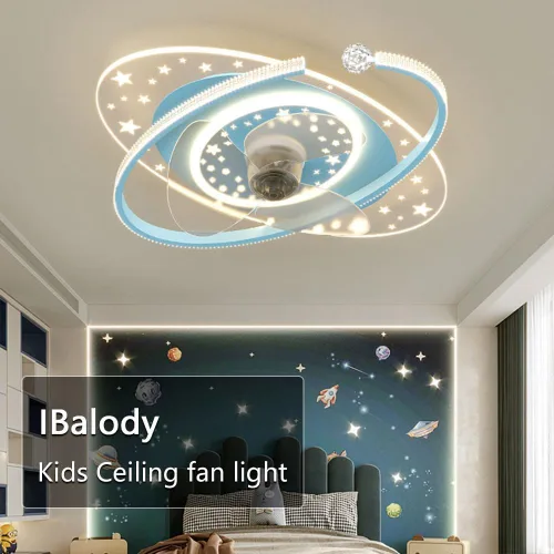 Vista 3 de Ventilador de techo azul para niños de 20.5 pulgadas con luz, control remoto, 6 velocidades, perfil bajo Playful blue flush mount fan light for