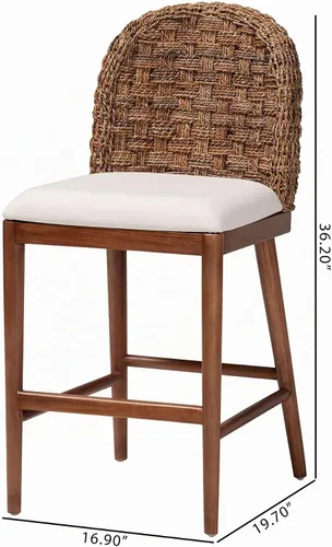 Vista 3 de Bali & pari Denver - Taburete moderno bohemio de madera de acacia y hierba marina con acabado marrón nogal