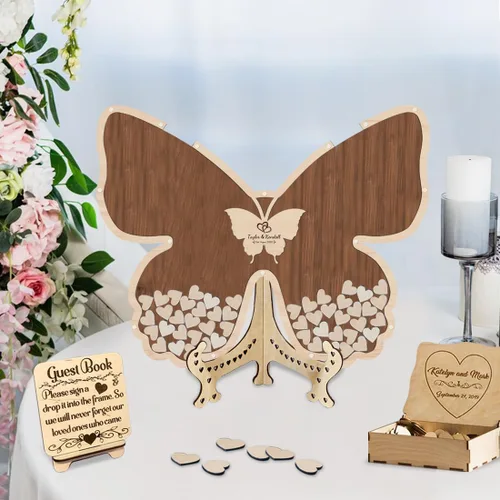 Vista 3 de Libro de invitados de boda de mariposa personalizado con corazones de madera, borde de madera personalizado, ideas alternativas, libro de invitados
