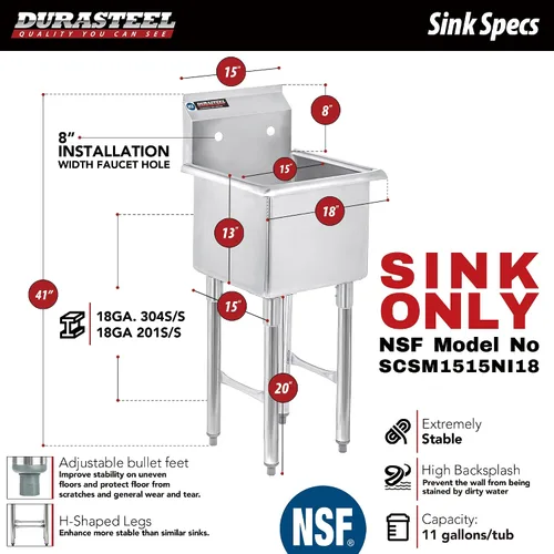 Vista 2 de DuraSteel Fregadero utilitario comercial de acero inoxidable 304 – Fregadero de cocina de preparación independiente con tina de 15 pulgadas