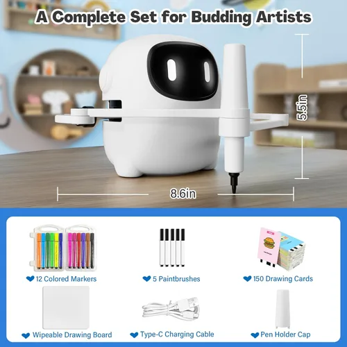Vista 7 de RIVGOT Robot de dibujo para niños con 150 tarjetas, máquina de dibujo educativo interactiva por voz, juguetes de aprendizaje de pintura Montessori