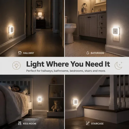 Vista 5 de Othmro Paquete de 4 luces nocturnas enchufables, sensor LED cálido automático del atardecer al amanecer, lámpara de mesita de noche pequeña
