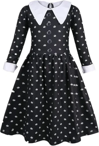 Vista 2 de VEVEIL Wednesday Addams - Disfraz de 5 piezas para niñas, disfraz de Addams, familia, cosplay, peluca, calcetines, guantes de Halloween