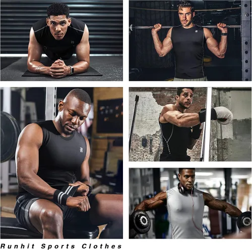 Vista 7 de Runhit Paquete de 3 camisetas de compresión sin mangas para hombres, entrenamiento deportivo, sin mangas, camiseta de compresión para hombres