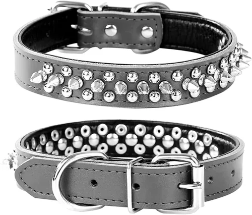 Vista 18 de Collar de perro con tachuelas, collar de perro de cuero genuino, collares ajustables para mascotas pequeñas o medianas (S, negro-1)
