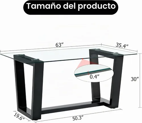 Vista 2 de Ebullient Mesa de comedor de cristal, mesa de comedor moderna, mesa de vidrio templado de 63 pulgadas con patas trapezoidales de MDF negras, mesa