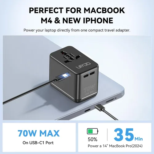 Vista 2 de Adaptador de viaje universal GaN de 70 W, 4 USB C/A + 2 AC, más de 200