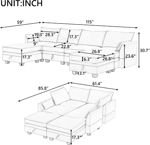 Vista 2 de Sofá modular moderno en forma de U de 115 pulgadas, juego de sofás tapizados grandes con asiento de almacenamiento, sofá cama convertible con diván
