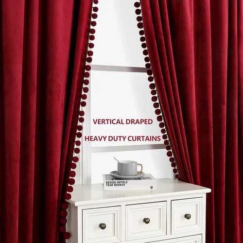 Vista 7 de Benedeco - Cortinas de terciopelo burdeos para ventana de dormitorio con pompón, cortinas de lujo súper suaves, oscurecimiento y aislamiento térmico