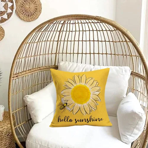 Vista 2 de Hello Sunshine - Fundas de almohada decorativas de verano, diseño de abeja de girasol, granja, fundas de almohada cuadradas amarillas para patio