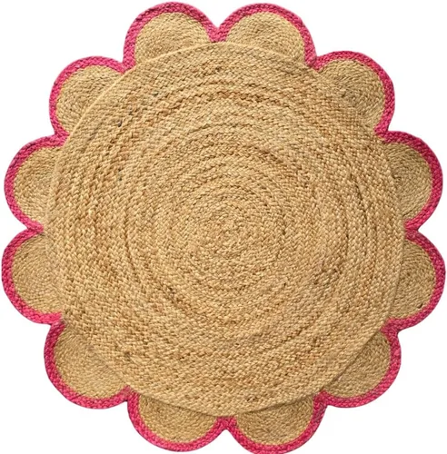 Vista 8 de Alfombra redonda natural de yute, alfombra de suelo con borde festoneado, trenzado, bohemio, ecológico, grande, circular hecha a mano, color negro